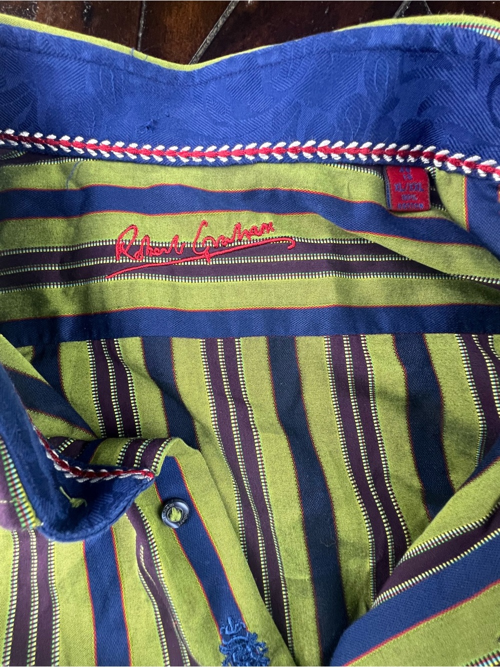 Robert Graham Olive Green & Navy Striped Shirt with Red Accents